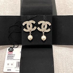 Chanel Gold CC Logo Crystal Pearl Drop Earrings